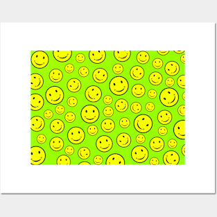 Smiley Faces Seamless Pattern on Bright Green Background Posters and Art